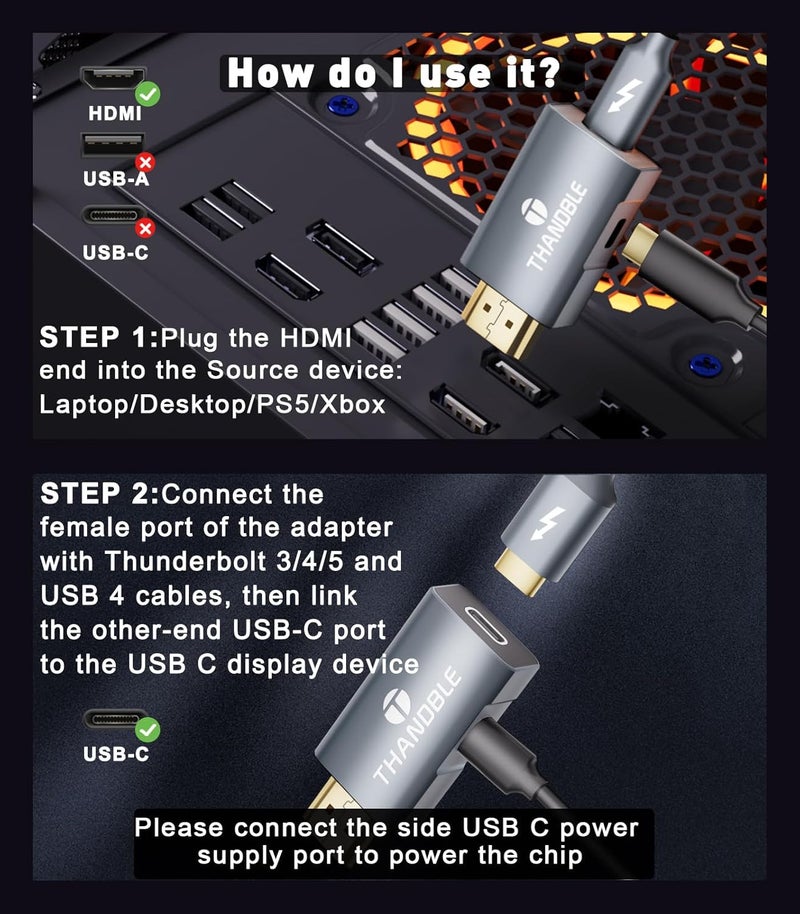 THANDBLE HDMI to USB C Adapter 4K60Hz, Unidirectional HDMI Male to USB C Female for Portable Monitor, AR Glasses XREAL One/Air 2 Pro/VITURE Pro/Rokid, PS4/5, Xbox, Switch, ROG Ally, Steam Deck-1Pack - Image 5